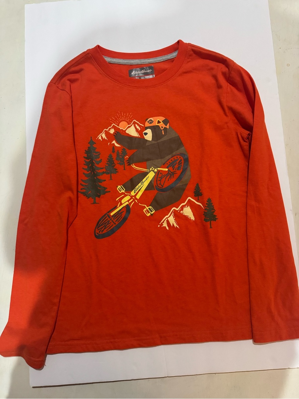 Eddie Bauer Orange Long-Sleeve Tee with Mountain Biking Bear Graphic